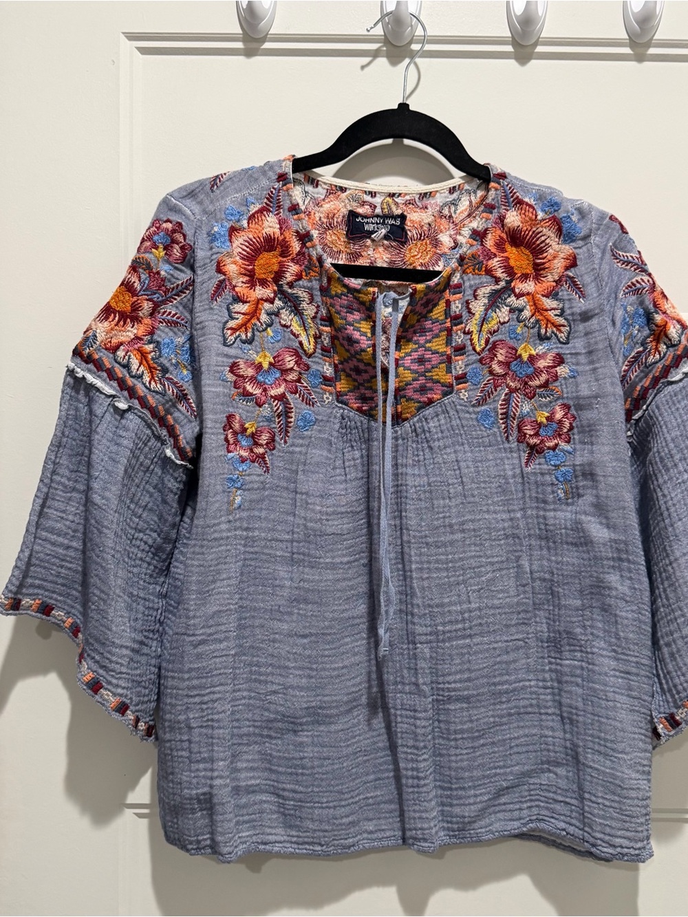 Johnny Was Lavender Blue Embroidered Peasant Blouse